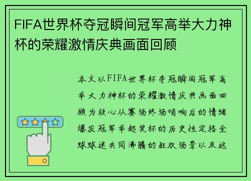 FIFA世界杯夺冠瞬间冠军高举大力神杯的荣耀激情庆典画面回顾