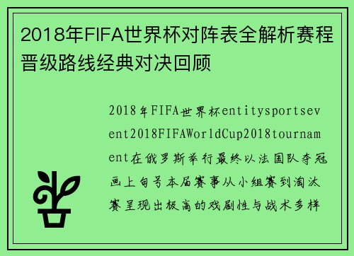 2018年FIFA世界杯对阵表全解析赛程晋级路线经典对决回顾